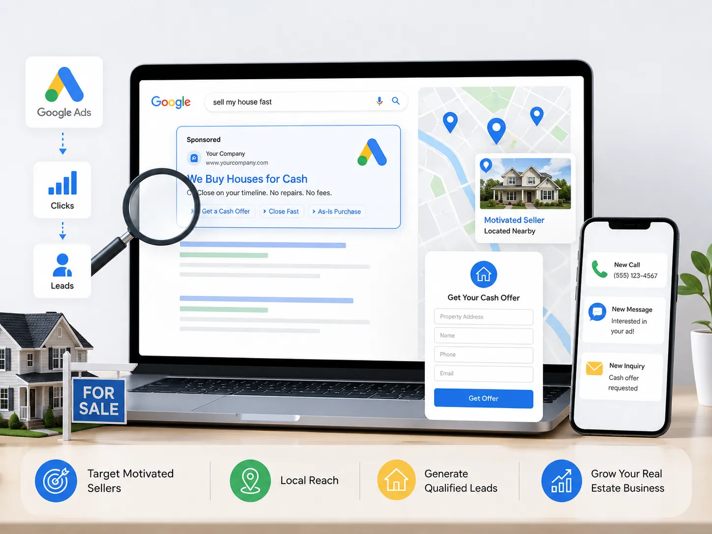 Paid search marketing for real estate investors using Google Ads to generate motivated seller leads