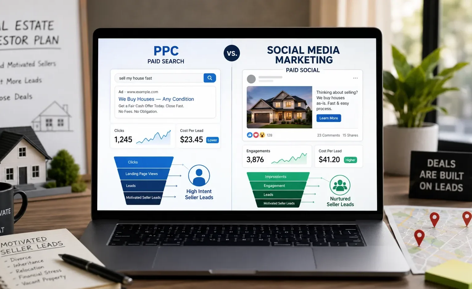 PPC vs social media marketing for real estate investors comparing motivated seller lead channels