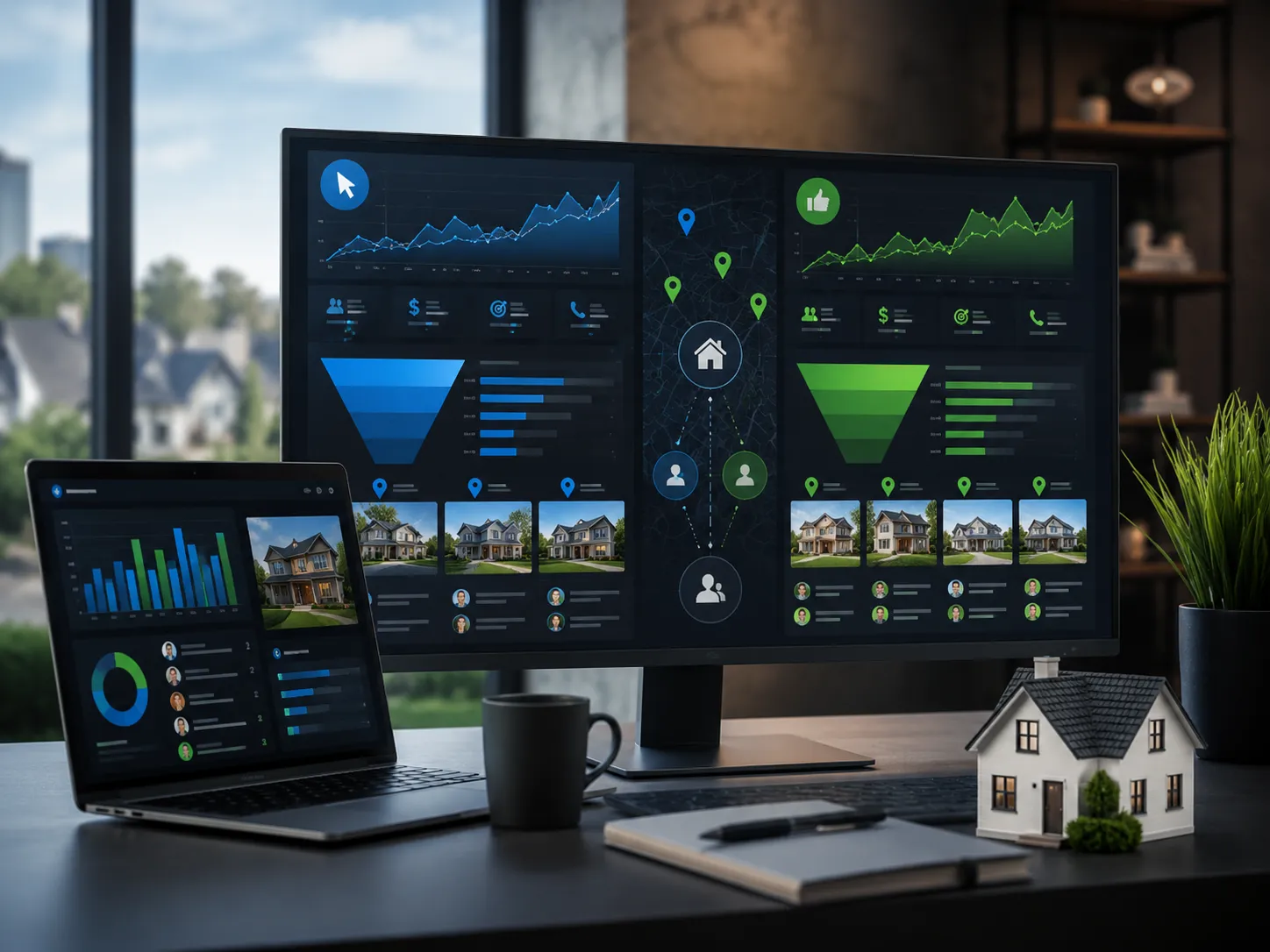 Real estate investor PPC and social media marketing dashboard comparing motivated seller leads