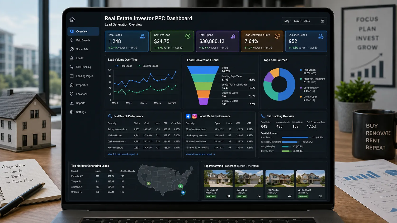 Real estate investor PPC lead generation dashboard showing paid search and social media campaign performance